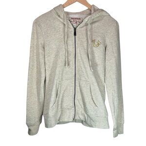 True Religion Zip Up Hoodie Small Gray Gold Logo Sweatshirt Y2K Casual Lounge